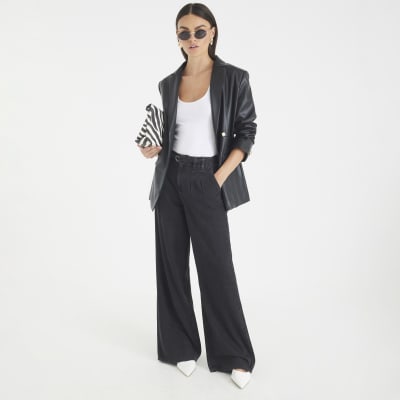 Black Mid Rise Wide Leg Tie Front Jeans