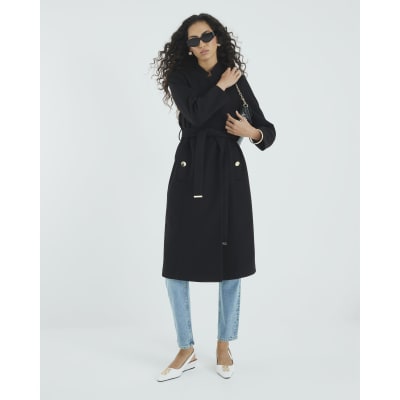 Black Notch Collar Belted Wrap Coat