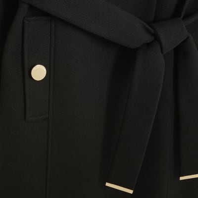 Black Notch Collar Belted Wrap Coat