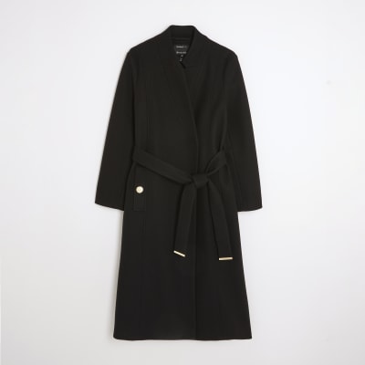 Black Notch Collar Belted Wrap Coat