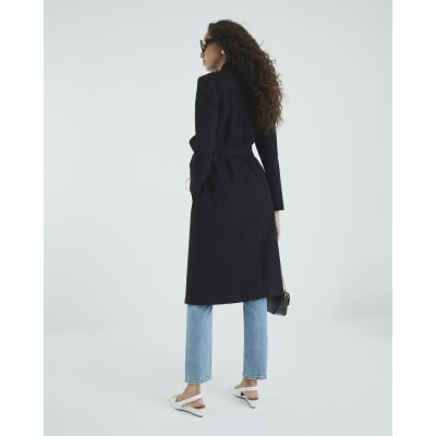 Black Notch Collar Belted Wrap Coat