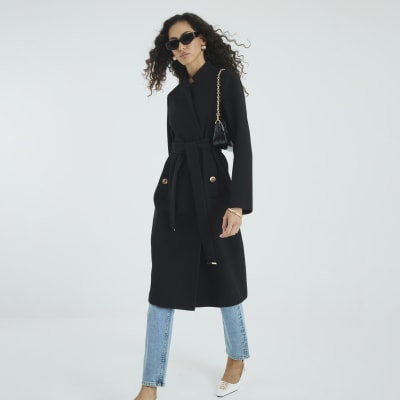 Black Notch Collar Belted Wrap Coat