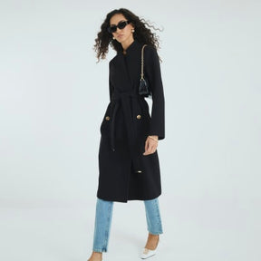 Black Notch Collar Belted Wrap Coat