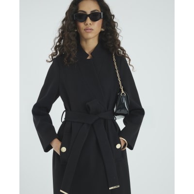 Black Notch Collar Belted Wrap Coat