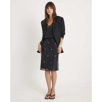 Black Organza Embellished Midi Skirt
