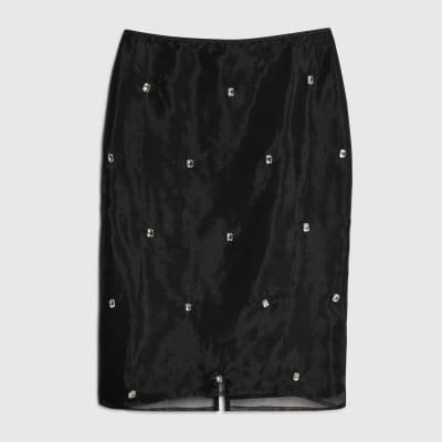Black Organza Embellished Midi Skirt