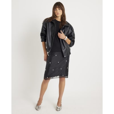 Black Organza Embellished Midi Skirt