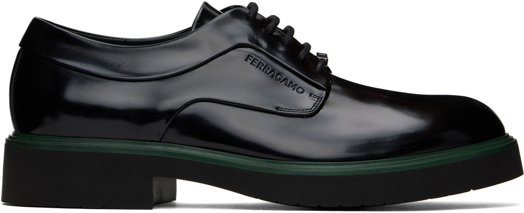 Salvatore Ferragamo Polished Leather Ornament Derby Shoes – Black