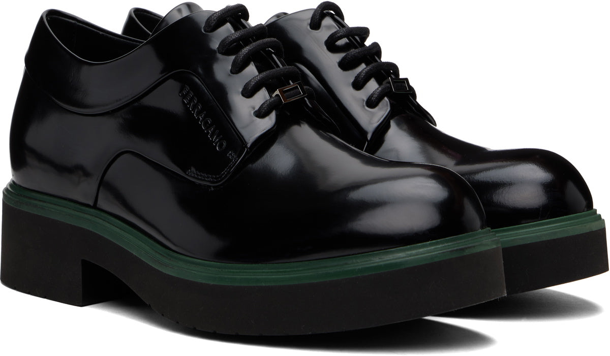 Salvatore Ferragamo Polished Leather Ornament Derby Shoes – Black