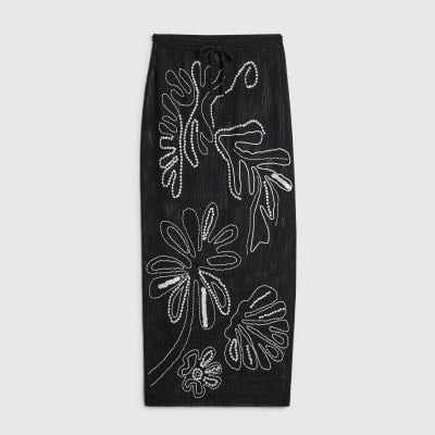 Black Palm Embroidered Sarong Skirt