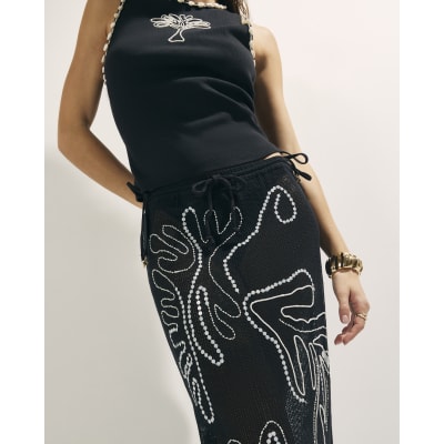 Black Palm Embroidered Sarong Skirt