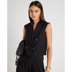 Black Pinstripe Boxy Fit Sleeveless Waistcoat