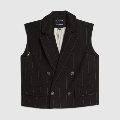 Black Pinstripe Boxy Fit Sleeveless Waistcoat