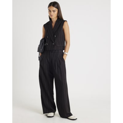 Black Pinstripe Boxy Fit Sleeveless Waistcoat