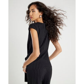 Black Pinstripe Sleeveless Tie Waist Top