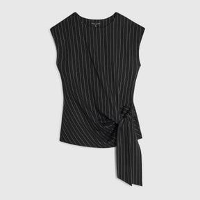 Black Pinstripe Sleeveless Tie Waist Top