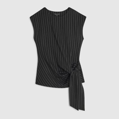 Black Pinstripe Sleeveless Tie Waist Top