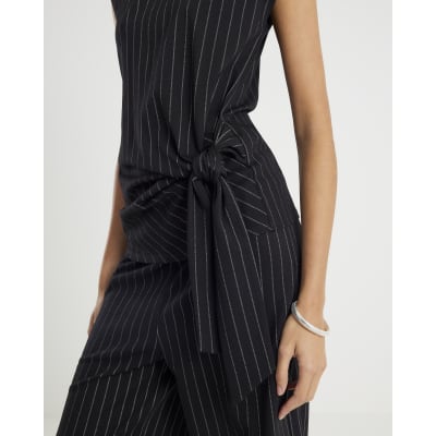 Black Pinstripe Sleeveless Tie Waist Top