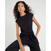 Black Pinstripe Sleeveless Tie Waist Top