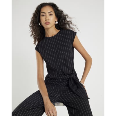 Black Pinstripe Sleeveless Tie Waist Top
