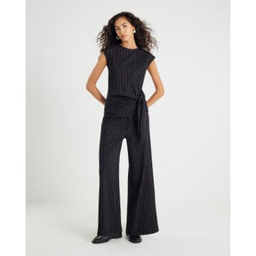 Black Pinstripe Sleeveless Tie Waist Top