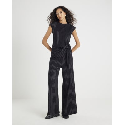 Black Pinstripe Sleeveless Tie Waist Top