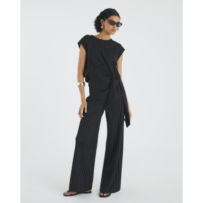 Black Pinstripe Tie Detail Top