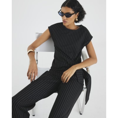 Black Pinstripe Tie Detail Top