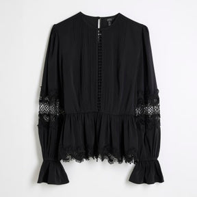 Black Pintuck Detail Peplum Blouse