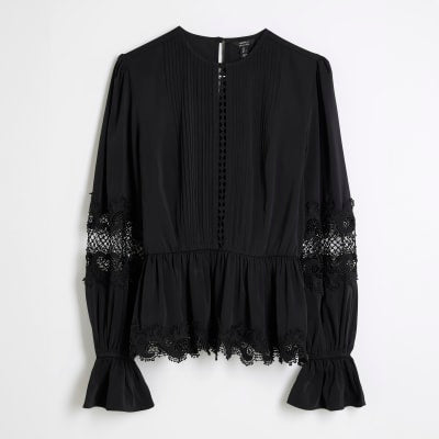Black Pintuck Detail Peplum Blouse