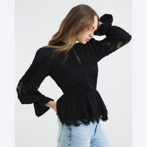 Black Pintuck Detail Peplum Blouse