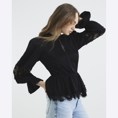 Black Pintuck Detail Peplum Blouse
