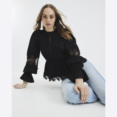 Black Pintuck Detail Peplum Blouse