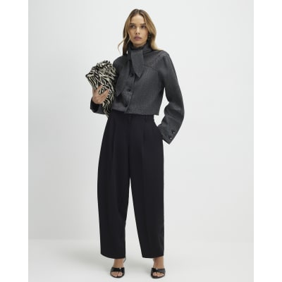 Black Pleated Barrel Leg Trousers