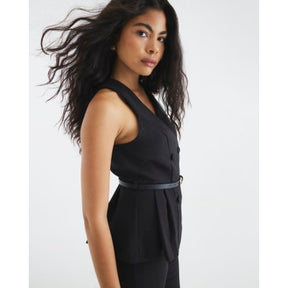 Black Pleated Hem Belted Waistcoat