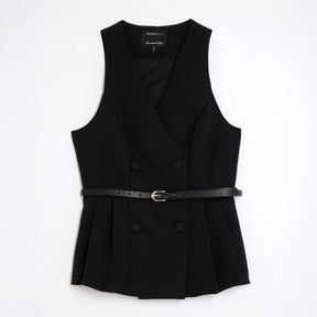 Black Pleated Hem Belted Waistcoat
