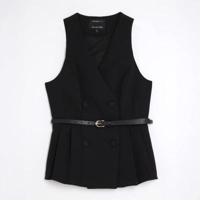 Black Pleated Hem Belted Waistcoat