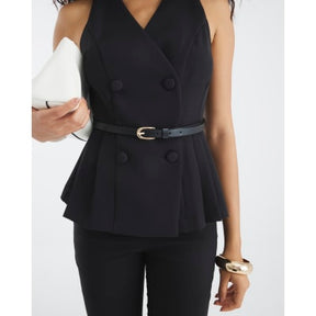 Black Pleated Hem Belted Waistcoat