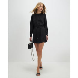 Black Pleated Neck Mini Shift Dress