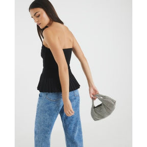 Black Plisse Detail Bandeau Top