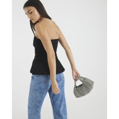 Black Plisse Detail Bandeau Top