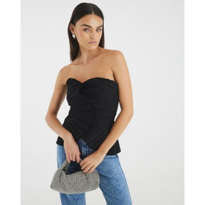 Black Plisse Detail Bandeau Top