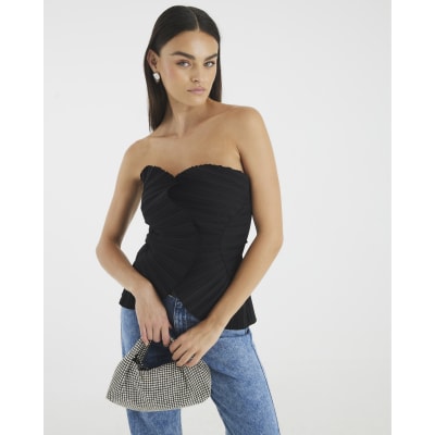 Black Plisse Detail Bandeau Top