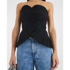 Black Plisse Detail Bandeau Top