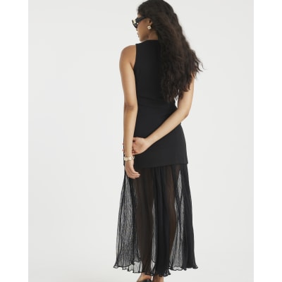 Black Plisse Sleeveless Waistcoat Maxi Dress