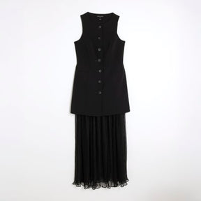 Black Plisse Sleeveless Waistcoat Maxi Dress