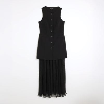 Black Plisse Sleeveless Waistcoat Maxi Dress