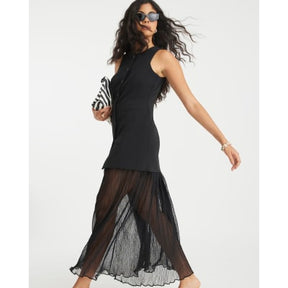 Black Plisse Sleeveless Waistcoat Maxi Dress