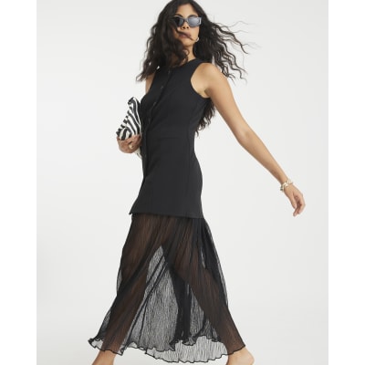 Black Plisse Sleeveless Waistcoat Maxi Dress
