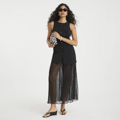Black Plisse Sleeveless Waistcoat Maxi Dress